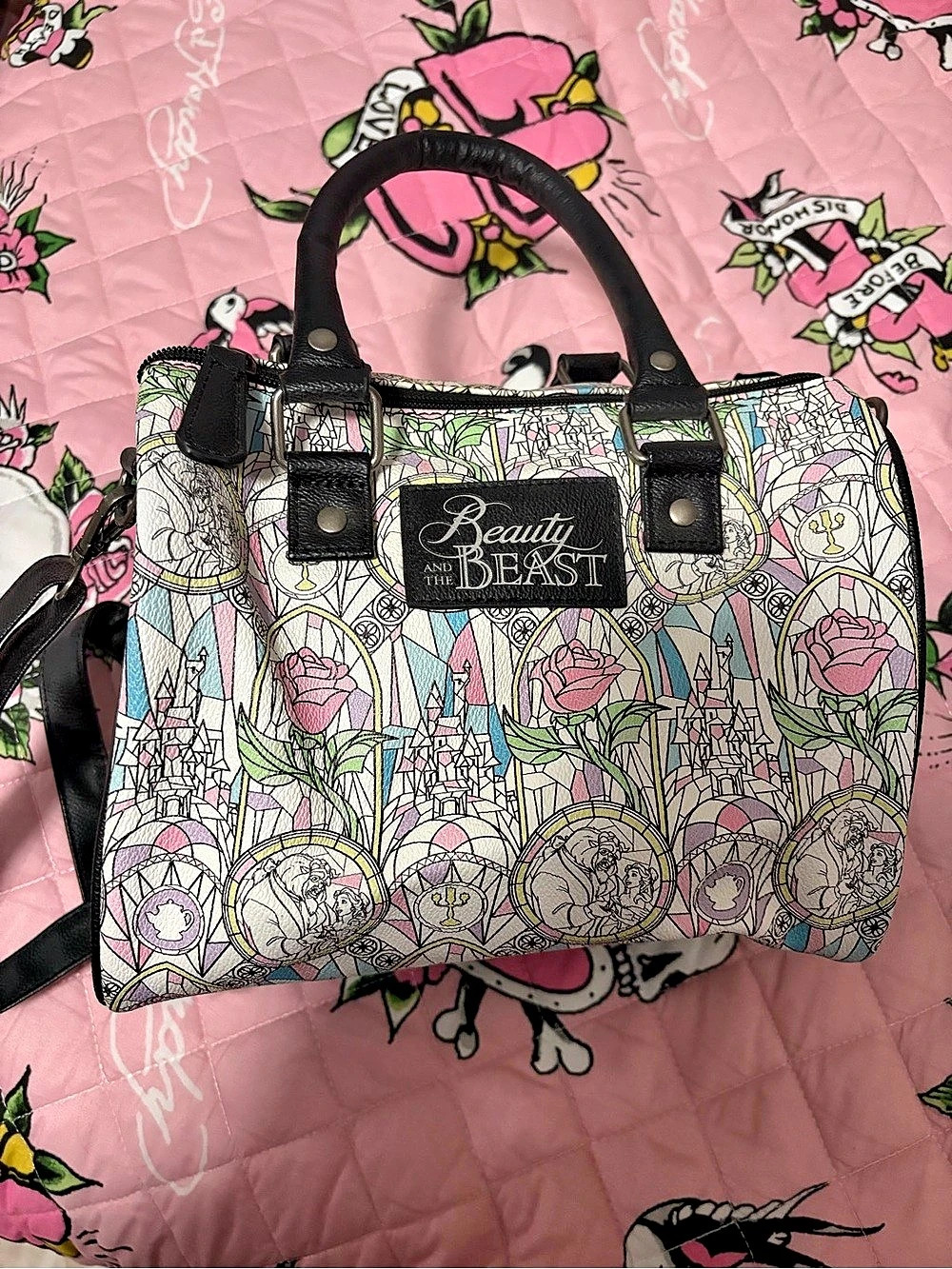 Disney Loungefly Beauty and the Beast Floral Satchel in White & Pink